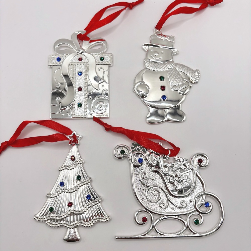 Lenox Silver Gems Multi Christmas Ornaments Set of 4 Sleigh Tree Snowman Present